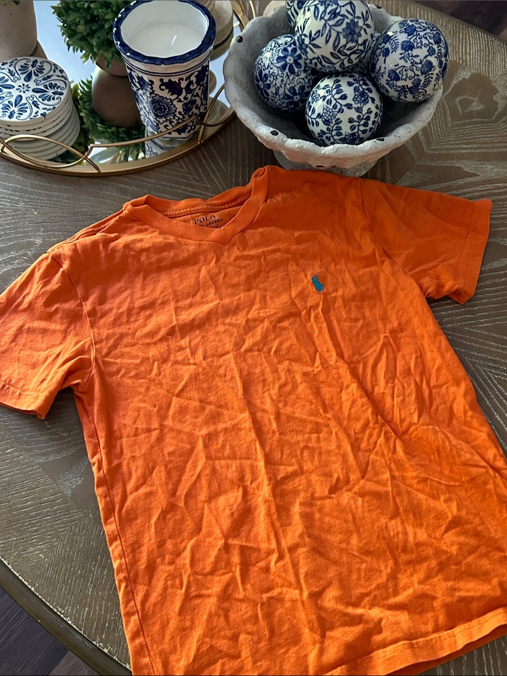 Polo by Ralph Lauren Bright Orange Short-Sleeve V-Neck Tee Turquoise Blue Logo